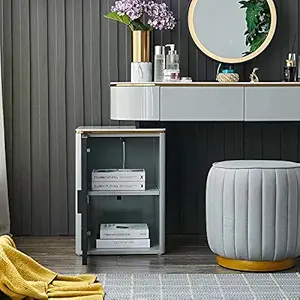 Vandana Interiors Modern Retractable Gray Stone Makeup Vanity Dressing Table with 2 Pinewood Drawers, Side Cabinet, LED Mirror, Stool, Glossy Finish, Black Metal Leg