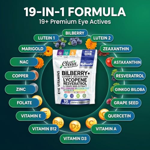 Image of Clean Nutra Multimacular Bilberry+ Lutein Zeaxanthin Lycopene Resveratrol with Flax Seed Grape Japanese Knotweed Ginkgo Biloba Sophora Japonica Coenzyme Copper Zinc Marigold Black Pepper 90 Capsules