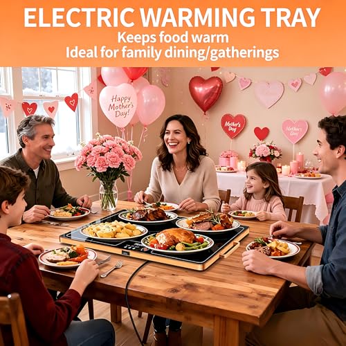 Image of Food Warming Mat (XL 24 inchx16 inch), Food Warmers for Parties Buffet and Daily Use, Full Surface Warm Evenly Electric Warming Tray with Button Temperature Control, Gold Handles Warming Mat for Food, Black