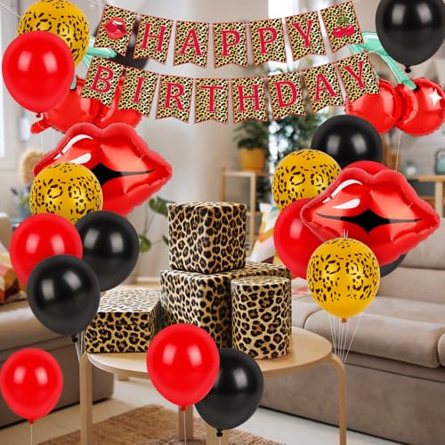 Image of Hooqict Cheetah Prints Birthday Decorations Cherry Leopard Birthday Banner with Balloons for Girls Women Red Black Cheetah and Cherry Party Decorations