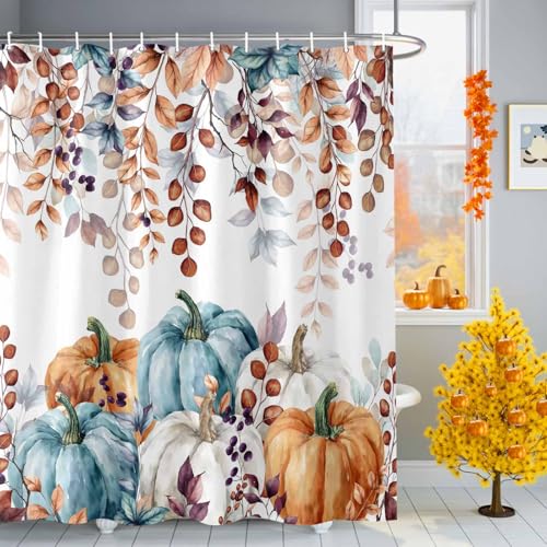 Thanksgiving Shower Curtain-Waterproof Polyester Fabric Autumn Shower Curtain Set with Hooks-Watercolor Eucalyptus Leaf Pumpkin Fall Shower Curtains for Bathroom Showers Stalls Bathtubs 72