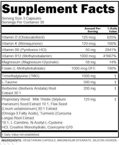 Clean Nutra TMG Taurine Supplement - Methylated Multivitamin with B6 Vitamins, B12, D3 K2, Berberine, Magnesium Methylfolate Milk Thistle Omega 3 Turmeric NAC L Carnitine Creatine COQ10 & More, 90 Ct - Image 6