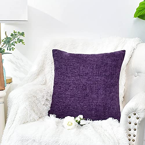 Image of CaliTime Pack of 2 Cozy Throw Pillow Covers Cases for Couch Sofa Home Decoration Solid Dyed Soft Chenille 12 X 12 Inches Plum Purple