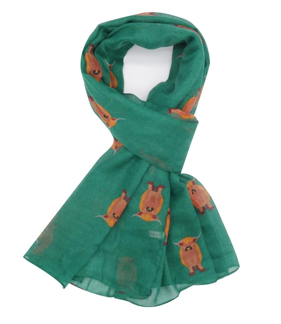 LilyRosa Highland Cow Scarf Ladies Grey Navy Blue Red Green Teal Cattle (Green)