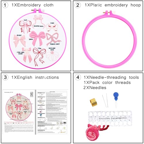 Image of Pink Bowknot Embroidery Kits for Beginners Adults, Cute Hand Embroidery Starter Kits, Counted Cross Stitch Kits for Beginners DIY Craft Kits for Adults Women, Embroidery Hoops, Thread & Video Tutorial