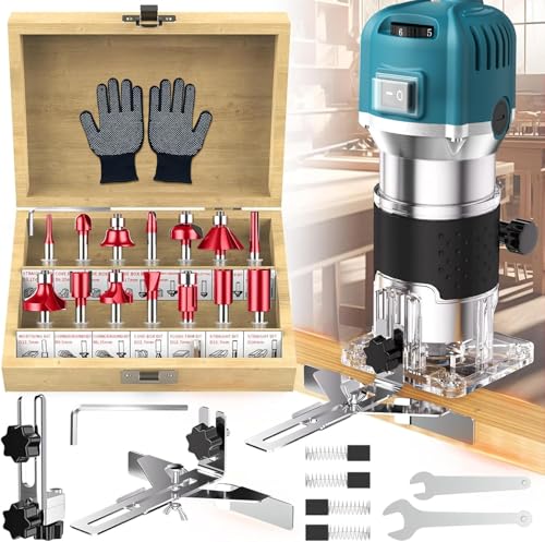 Palm Router Tool 800W 30000Rpm Electric Woodworking Hand Router with Trimmer Base & 15Pcs 1/4(6.35mm) Router Bits Set 220V Wood Trimmer Router (Blue 6 Speed)