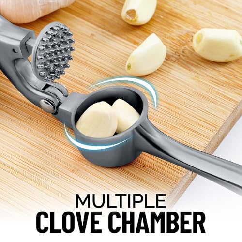 Image of Zulay Kitchen Premium Garlic Press Set - Rust Proof Professional Garlic Mincer Tool - Easy-Squeeze, Easy-Clean with Soft, Ergonomic Handle - Silicone Garlic Peeler & Brush (Slate)