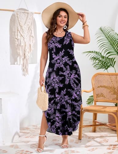 Image of JollieLovin Women Plus Size Summer Tank Maxi Dresses Sleeveless Causal V Neck Beach Long Dresses Swim Cover up (L-5X)