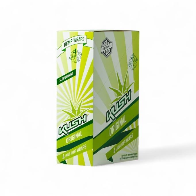 KUSH Natural Hemp Wraps | 4 wraps & tips per pack | 15 pack Display | 60 Hemp wraps & tips | Smooth, Slow & Even Burn