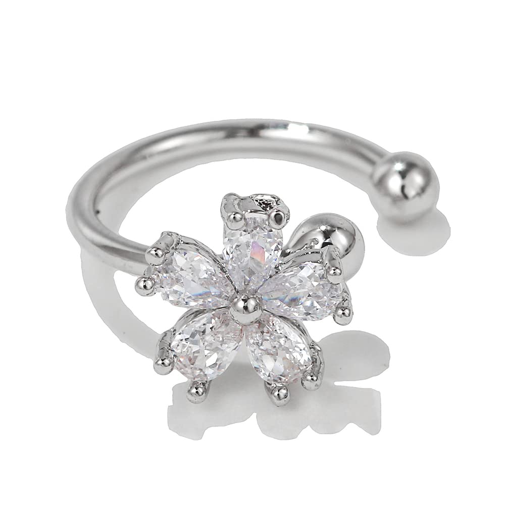 Dainty Crystal Flower Ear Cuff Earring Cubic Zirconia Cherry Blossom Cartilage Clip On Non Piercing Fake Huggie Hoops Earrings Cute Birthday New Year