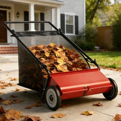 Push Lawn Sweeper,21-Inch Width Enhanced 4-Brush System with Large 3.5 cu. ft. Hopper Bag, Ideal for Yard and Garden Cleanup, Red