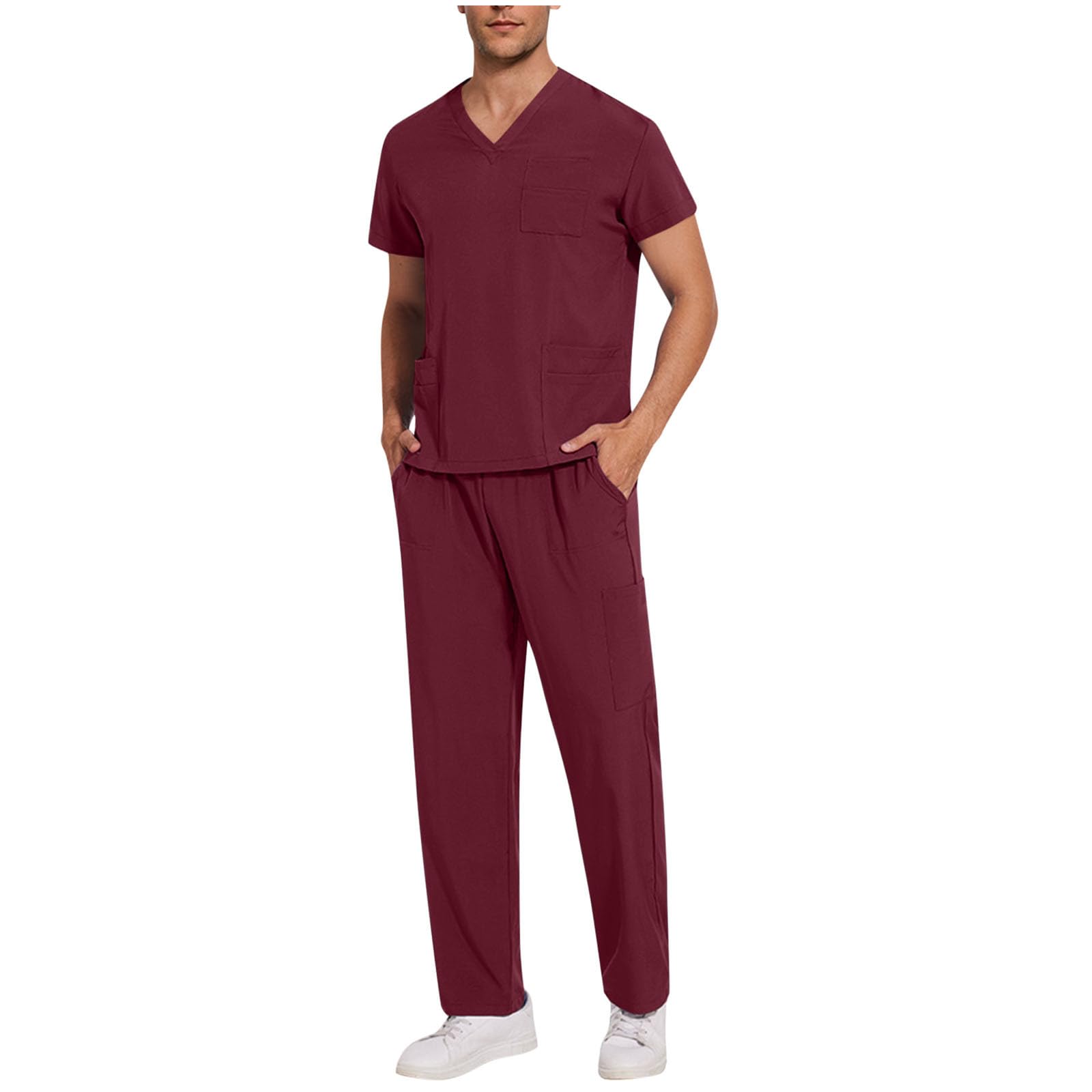 Uniforme Sanitario Hombre Conjunto Médico Cuello V Manga Corta Pantalón Largo Bolsillos Color Sólido