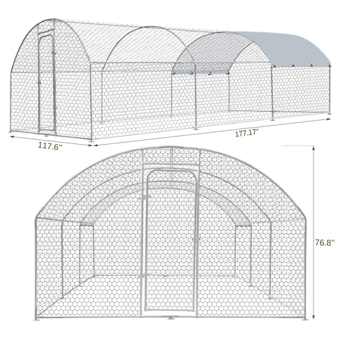 Large Metal Chicken Coop with Run, Metal Chicken House Pen Walk in Poultry Cage Chicken Run Pen, Outdoor Chicken Runs for Yard with Waterproof & Anti-UV Cover