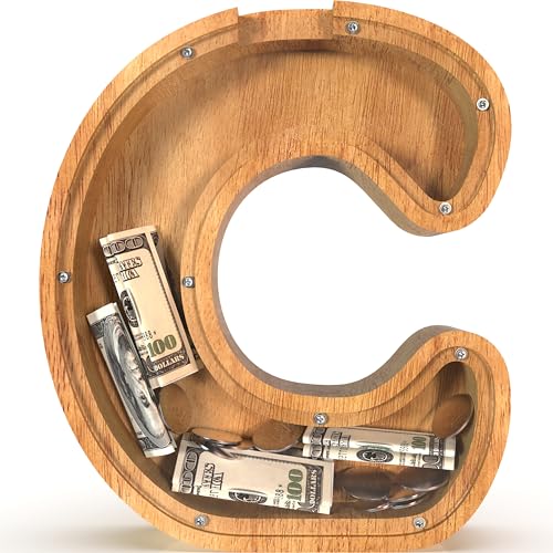 Image of Piggy Bank for Kids, Boys, Girls, Large Personalized Wooden Letter Piggy Bank with Cut Out Design, Alphabet Letter Coin Banks, Money Savings Box, Wooden Bench for Kids Creative