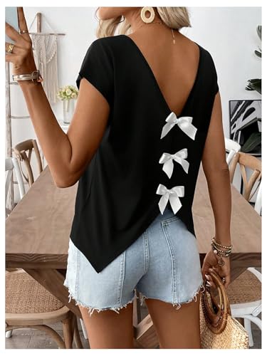 Women's Bowknot Backless Tops V Neck Short Cap Sleeve Elegant T Shirt Trendy Summer Tops2