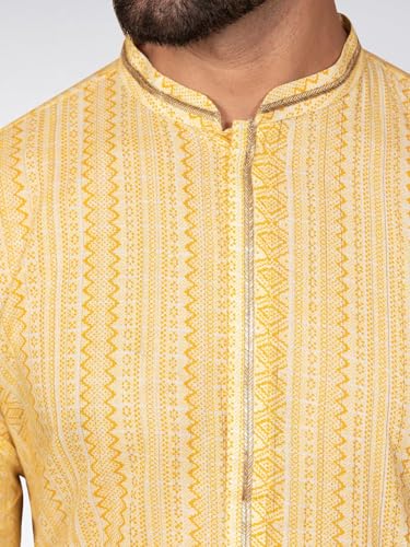 Image of KISAH Men's Navy Blue Printed Cotton Kurta - Regular Fit Long Tunic with Mandarin Collar | Ethnic Wear for Weddings & Festive Occasions
