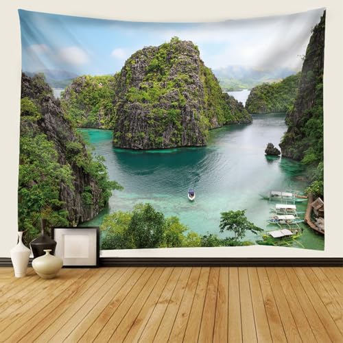 Tapiz de pared con paisaje de montañas y ríos RDSGYZ de 150 x 150 cm para salón 2