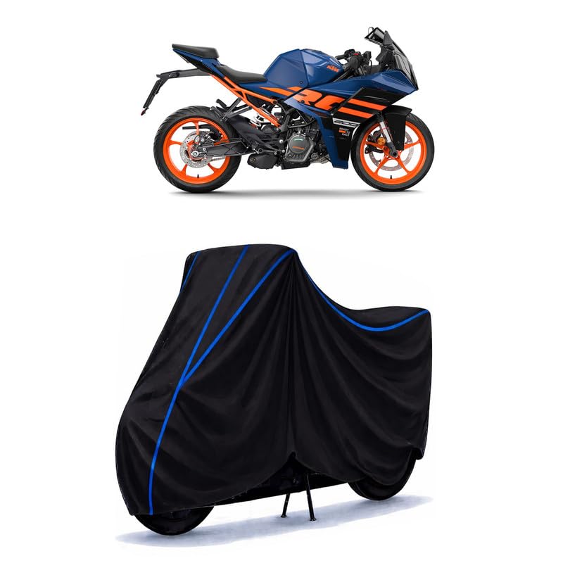 Image of KTM RC 200 Bike Cover Water Resistant Universal Motorcycle Rain | Heavy Duty UV Protection, Dust, Scratch Indoor Outdoor All Weather with Black Blue Piping Elastic