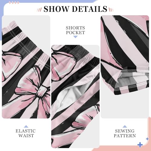 Pajama Bottoms, Ribbon Bow Pink Pajamas Pant Sleep Long Pants Black Striped Lounge Wear Elastic Waist Sleepwear Pjs4
