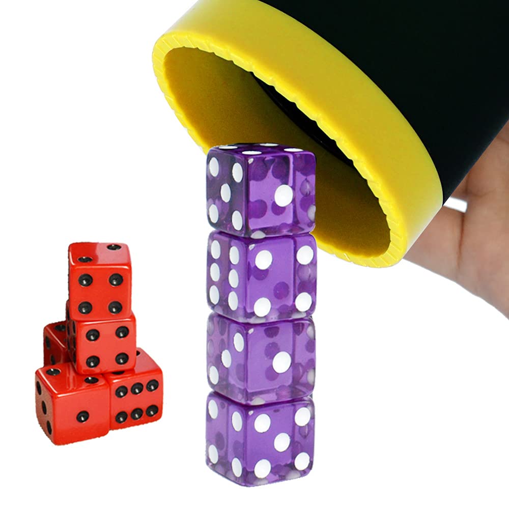 Dice Stacking Cup(Black) Set with 4 Pcs 19mm(Puple) and 5 Pcs 18mm(Red) Standard 6 Sided Dices, with Storage Bag-Magic Tricks Instruction