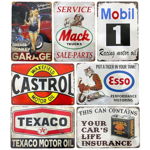 SPORWAY Juego de 7 carteles de chapa para garaje, 20 x 30 cm, retro, vintage, cartel de chapa, cartel de metal para coche, cartel de aceite de motor, letreros de metal, para la pared de la casa