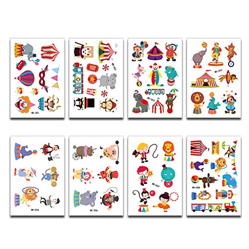 FXCO 8 Feuilles Autocollant De Tatouage Dessin Animé Animal Cirque Tatouage Autocollants Enfants Mignon Tatouages Temporaires Art Enfants Anniversaire Enfants Bachelorette Fête Décor