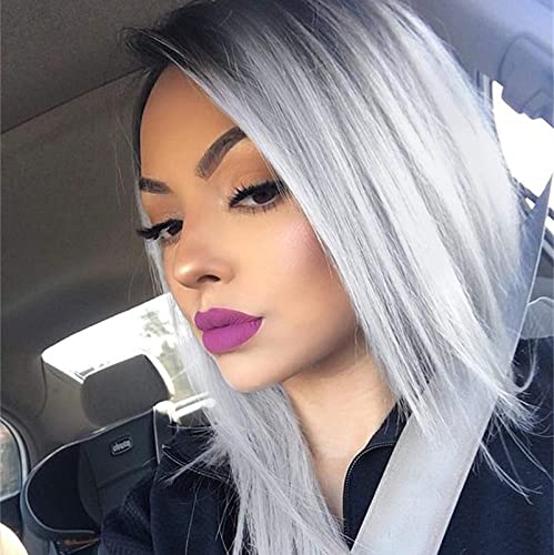 GYHAIR Straight Short Wigs Grey Wigs for Women Black to Gray Ombre Wigs Shoulder Length Heat Resistant Synthetic Wigs Cosplay or Daily Wear 12 Inch Black To Gray Wig Black to Grey