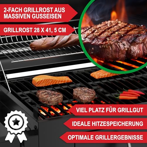 ONBEST Holzkohlegrill – Gussstahllustrog – Barbecue für Outdoor-Verwendung – Temperaturkontrolle – Trageggerüst