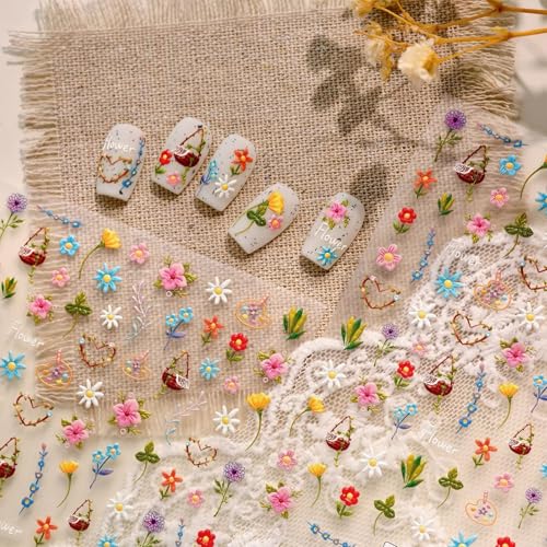 Image of Flower Nail Art Stickers Colorful Floral Nail Stickers Leaf Plant with Design 5D Embossed Self Adhesive Nails Decals Charms for Women Manicure Decoration Accessories 1 Sheets