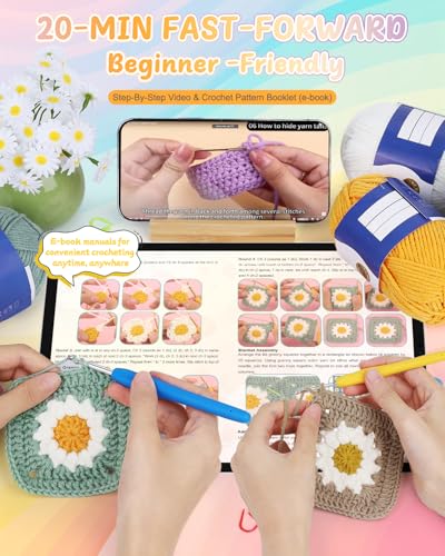 Image of Coopay Crochet Kit for Beginners, Easy Granny Square Crochet Blanket Kit | Crochet Kit W /Video Tutorial & Digital Instructions, All Accessories Included, Easy Knitting to Create Granny Square Blanket