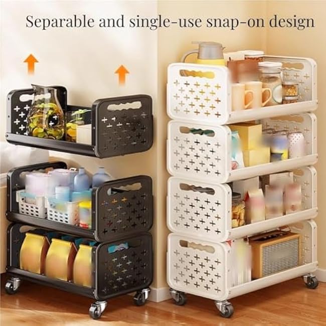 MultiStorey Metal Rolling Trolley with Fenced ShelvesVersatile Snack & Vegetable Storage Organizer for Kitchen & Bathroom (Black 75 cm)-yJOlUavo