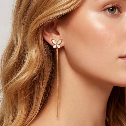 HEFEIYU 14K Gold Plated Flower Dangle Earrings for Women, Hypoallergenic Cubic Zirconia Long Threader Chandelier Earrings, Elegant Crystal Jewelry for Wedding Bridal Prom Party Gifts — view 2