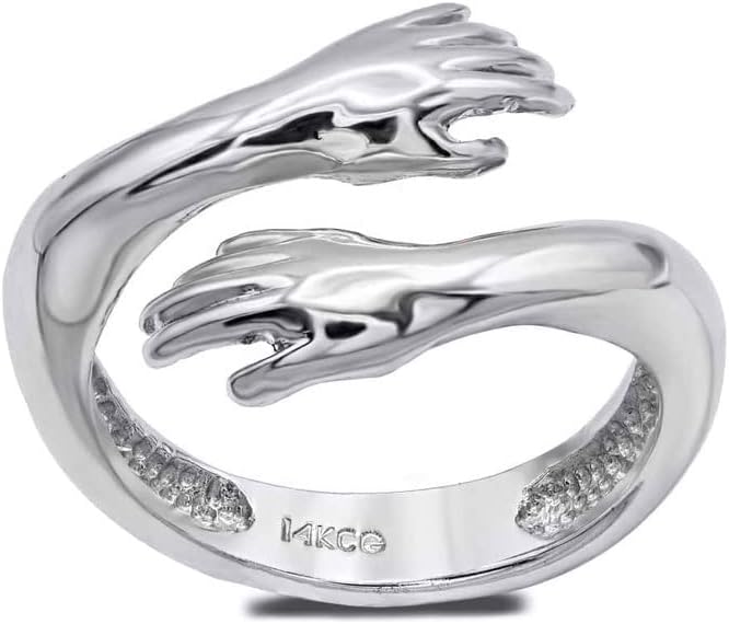 Women's Hug Ring 14K Yellow, White or Rose Gold Hand Style Hug Embrace Statement Promise Ring, Your Choice of Metal