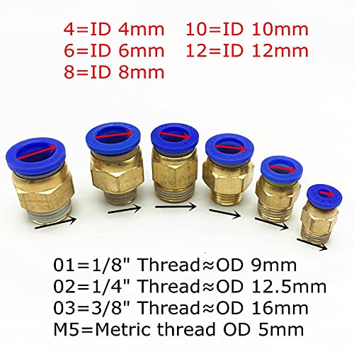 Set di raccordi rapidi a innesto pneumatico, 10 pezzi, per raccordi pneumatici serie PC da 4/6/8/10 mm (Pc12-02)