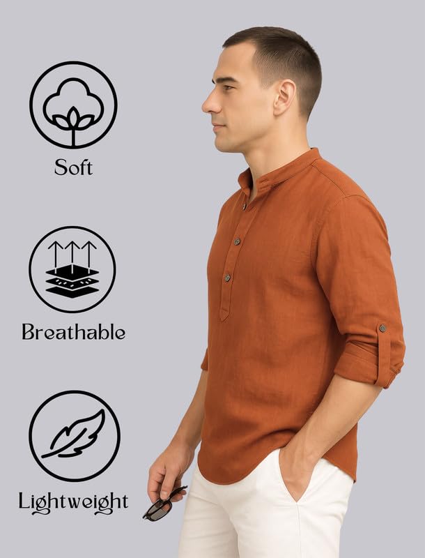Image of DEEMOON Men's Cotton Blend Solid Regular Fit Full Sleeve Short Kurta | Men's Trendy Short Kurta