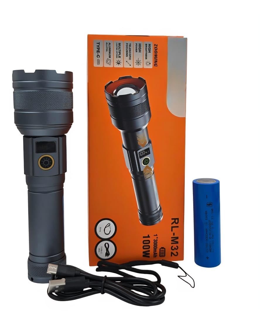 PICSTAR RL-M17 Heavy Duty Metal Torch | 100W High Brightness LED | Rechargeable 3000mAh Battery | Zoomable Focus | Type-C Fast Charging Torch for Night & Outdoor-picture-12