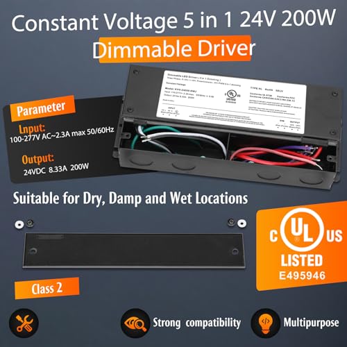 Image of 300W Dimmable LED Driver 24V, 110V-277V AC to 24V DC Led Light Transformer Compatible with lutron and leviton Dimmer, TRIAC /Phase /0-10V /1-10V /Potentiometer /10V PWM 5 in 1 Dimming LED Driver, UL Listed