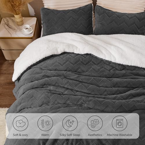 Image of BEDELITE Fluffy Sherpa King Comforter Set,Charcoal | Super Soft & Warm Fleece Bedding, Luxury Fuzzy Comforter for Winter, Heavy Plush Bedding Set,2 Pillowcases
