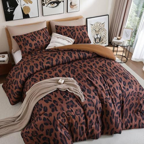 JANZAA Cheetah & Leopard Print Comforter Set Queen Size - 3 Pieces Animal Print Comforter Set Fluffy Cozy Chic Faux Fur Brown/Pink Print Bedding Set with 2 Pillowcases for All Season