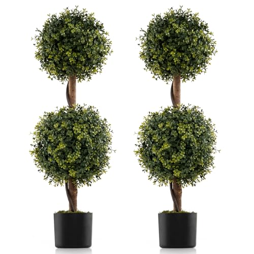 GOFLAME 3FT Artificial Boxwood Topiary Tree Set of 2, Faux Double Ball Topiary Tree in Cement-Filled...