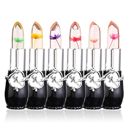 6Pcs Crystal Flower Jelly Lipsticks, Long lasting Nutritious Lip Balm Moisturizer Magic Temperature Color Change Gloss Lips (Black)