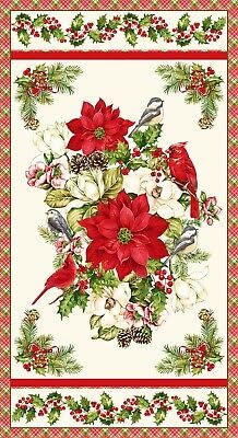 FlashPhoenix Quality Sewing Fabric – 24 x 44 inch Fabric Panel | Christmas Holly Berry Park Cardinal Chickadee Scene