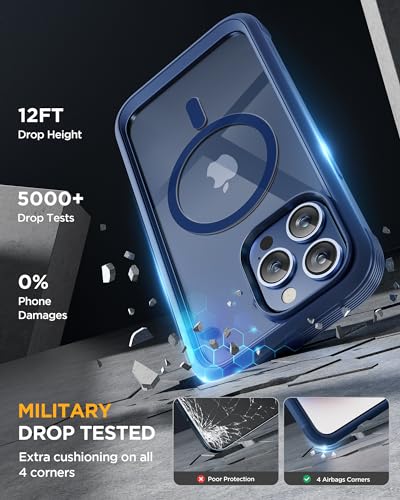 Image of Miracase Magnetic for iPhone 12 Pro Max Case [Compatible with MagSafe] Full-Body Phone case with Built-in Glass Screen Protector& Camera Protector, Military Drop Proof 12 Pro Max Cover, Blue