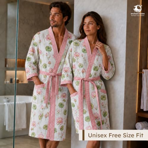 Image of Cotton Waffle Bathrobe for Women and Men, Lightweight Soft Unisex Knee Length Cotton Robe, Premium Comfortable Dressing Gown for Home Loungewear Use and Relaxation Bathrobe