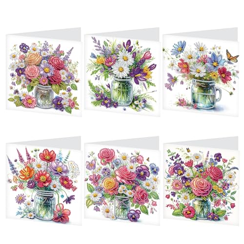 Tontut 6pcs Diamond Art Painting Greeting Card Pretty Vase Beautiful Flowers 5D DIY Special Shape Diamond Painting Christmas Birthday Greeting Card Creative Gifts