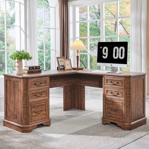 T4TREAM 59' Executive L Shaped Desk with Drawers,Farmhouse Wood Computer Corner Desk,Featuring Charging Station,File Drawer, Storage Cabinet,for Home Office Work and Study (Reclaimed Barnwood)