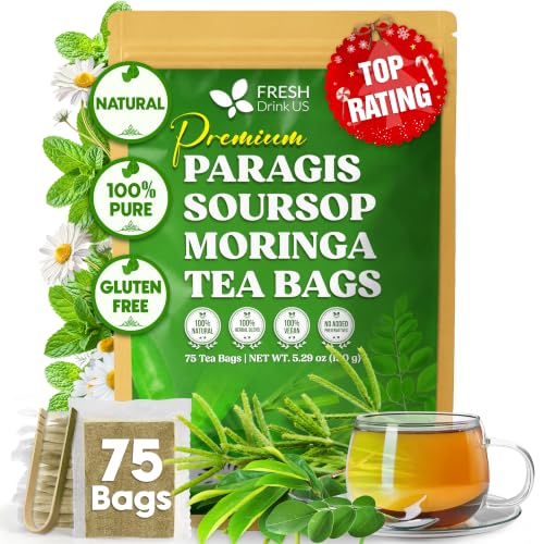FreshDrinkUS, Premium 75 Paragis Soursop Moringa Tea Bags, 100% Natural &amp; Pure, Made with Natural Materials-Corn Fiber Tea Bags, Sugar/Gluten Free. Rich in Antioxidants.