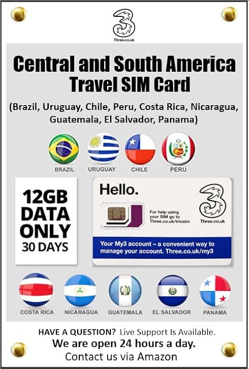 Central and South America Prepaid Travel SIM Card by 3UK. 12GB Data only for 30 Days