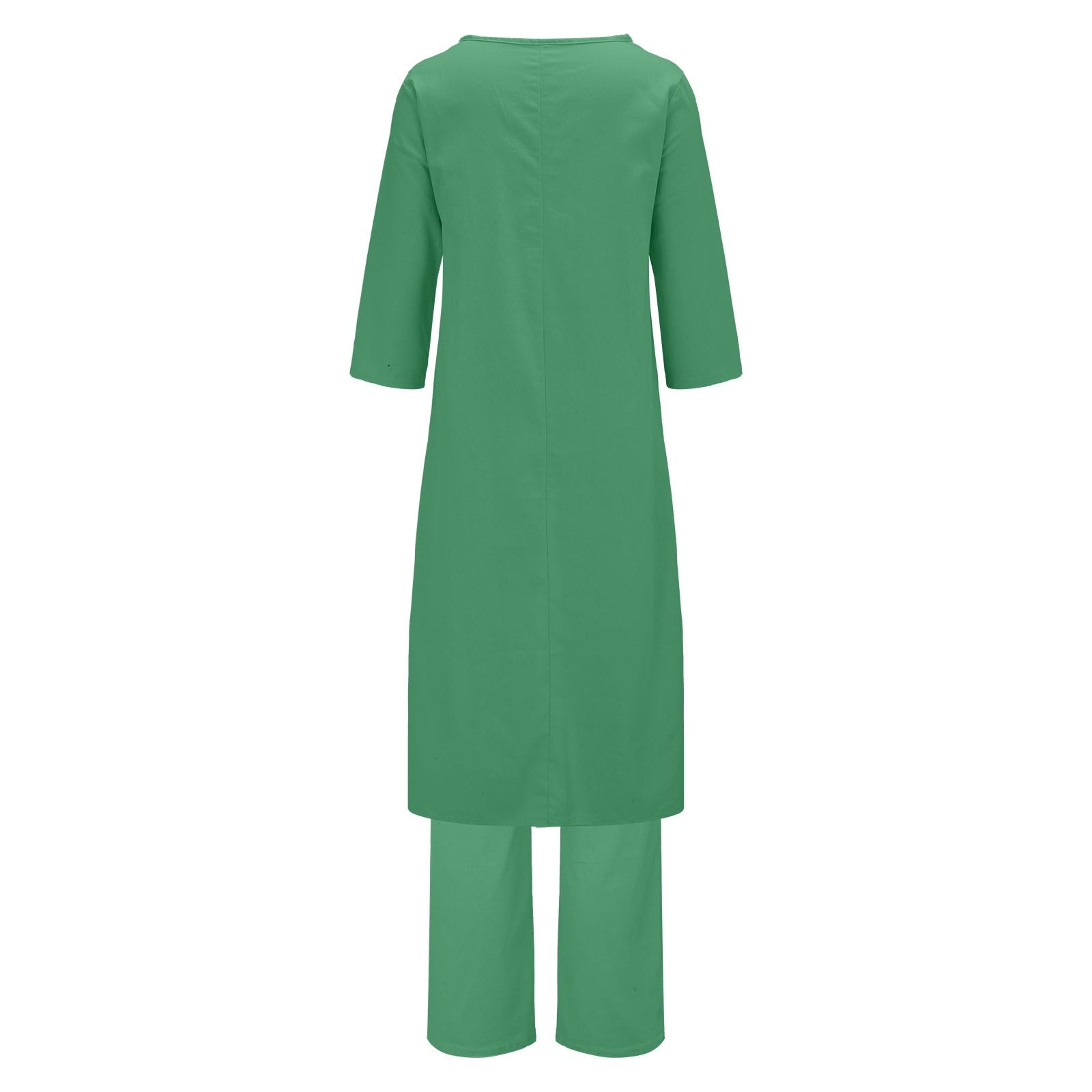 Combinaison d'intérieur pour femme - Grandes tailles - Couleur unie - En coton - Chemisier à col rond et pantalon large - Combinaison de loisirs légère et ample avec ourlet haut - Tenue longue de