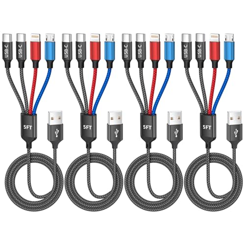 Image of 4Packs 5FT 4 in 1 Multi Charging Cable with 2 USB-C /IP /Micro USB Ports | USB Cable, Universal Phone Charger Cord for Multiple Devices, Travel Essentials Car Accessories for iPhone17-8, Android, More